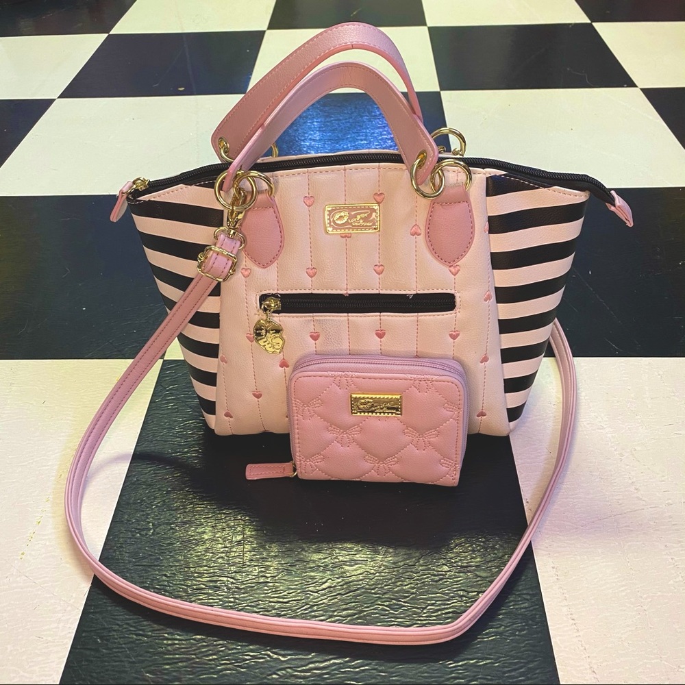 Luv Betsey Johnson Pink B&W Striped Bag